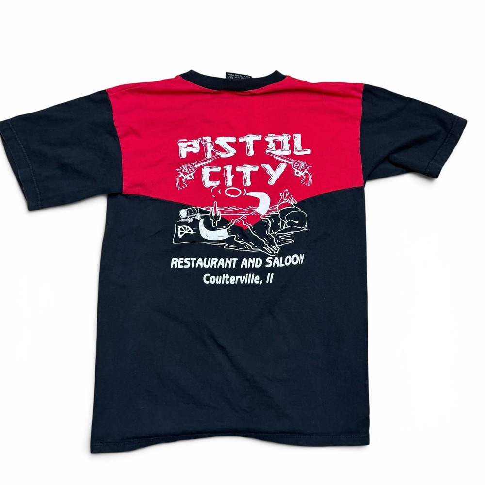 Vintage Skimmers Pistol City Saloon Western Yoke T-Shirt Mens Medium Red Black - Picture 7 of 8